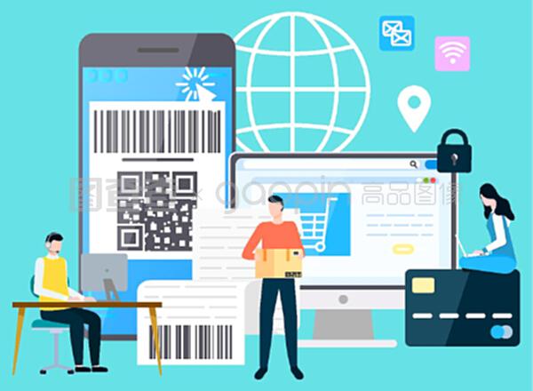 有支付保障的智能手機和計算機,購物和送貨。網(wǎng)上支付系統(tǒng),帶筆記本電腦的字符。平面卡通風格的矢量插圖。國際商務現(xiàn)代技術小工具